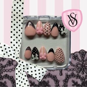 Pink and Black Polka Dot Handmade Nail Set